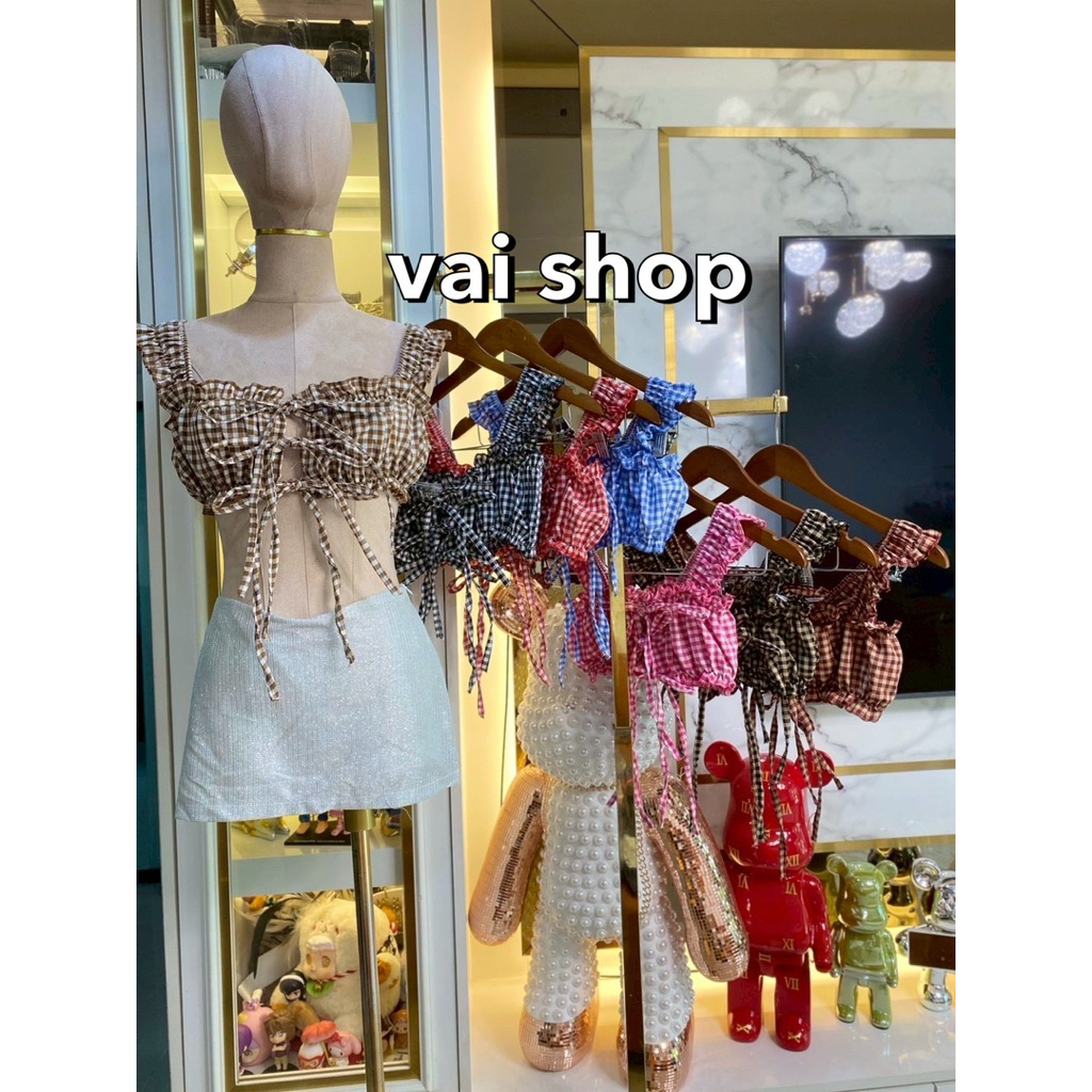 เสื้อครอป ลายสก็อตแหวกอก ผูกโบว์หน้า ขอบยางยืดได้ LB 35 Vai shop