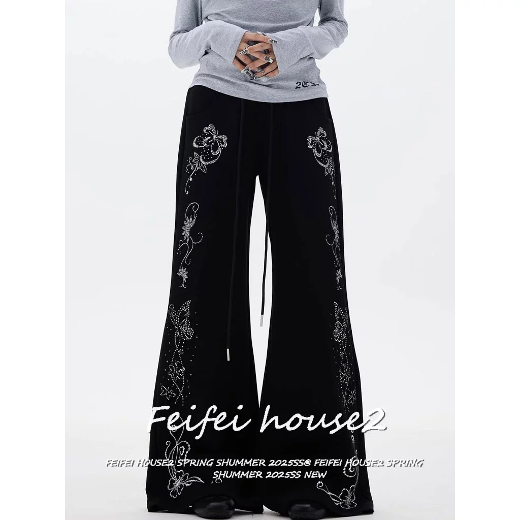 [Floral rhinestone flared pants]กางเกงกีฬาขายาวทรงทรัมเป็ตเข้ารูปประดับเพชรเทียมสำหรับผู้หญิง