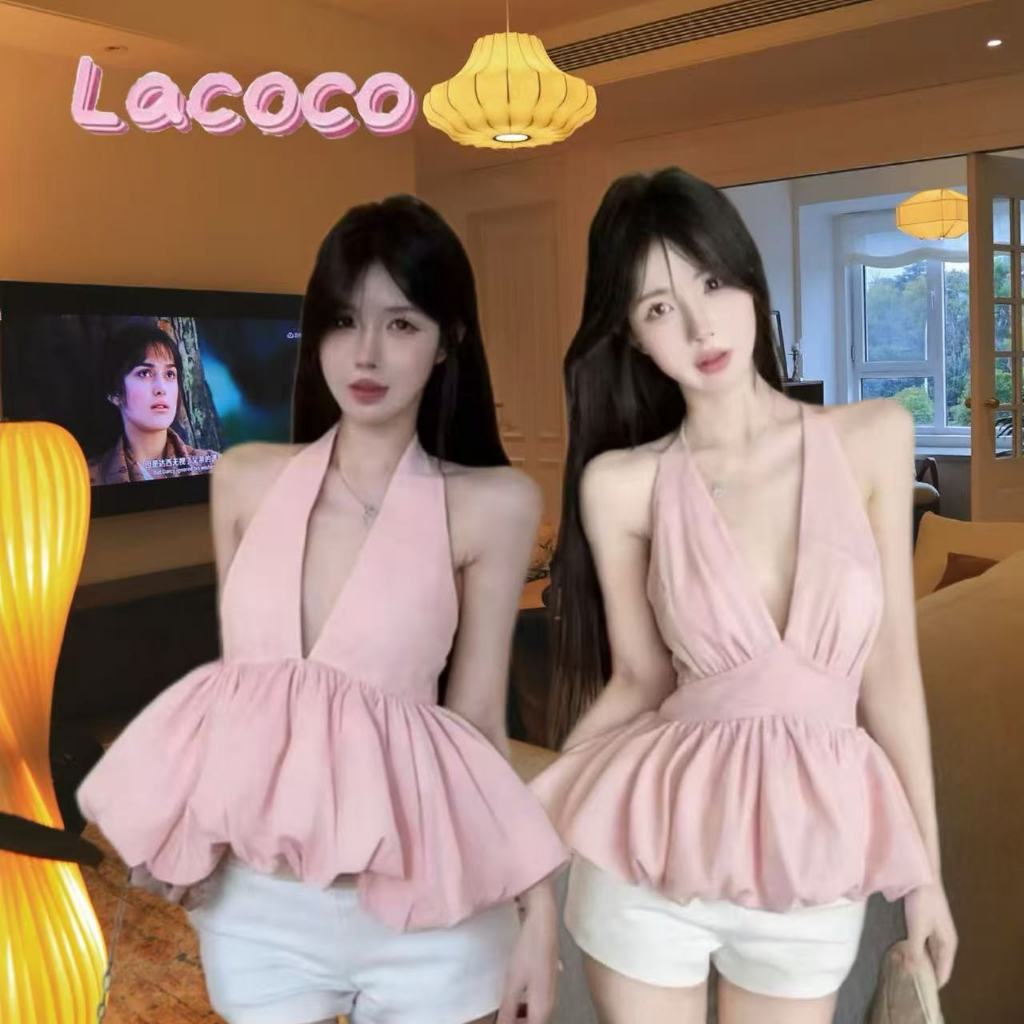 Lacoco🍓คลังสินค้าพร้อม🍓เสื้อครอปผู้หญิงทรงฮาลเตอร์คอวีเปิดหลังไร้สาย ดีไซน์หวานเซ็กซี่ เน้นเอวให้ดูเพรียวสวย