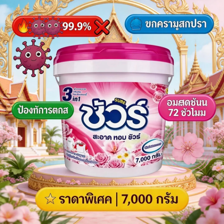 SURE ผงซักฟอก ชัวร์ 7kg ฆ่าเชื้อ 99.9%➕ขจัดคราบสกปรก➕อมสดชื่น 72 ชั่วโมง အဝတ်လျှော်ဆပ်ပြာမှုန့်