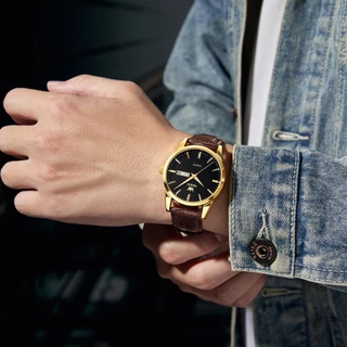 OLEVS นาฬิกา ผู้ชาย แฟชั่น watch 100% แท้ นาฬิกาข้อมือกันน้ำได้ ควอตซ์ หนัง แนวโน้ม