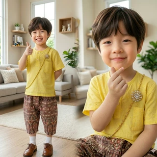 ชุดไทยเด็กผู้ชาย โจงผ้าพิมพ์ทอง ชุดไทยเด็กชาย หมื่นไม้