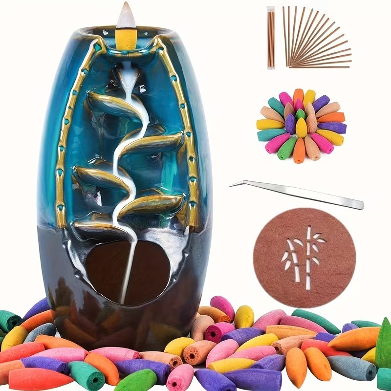 Ceramic Incense Holder, Backflow Waterfall Incense Holder with 50 Backflow Incense Cones  20 Incense