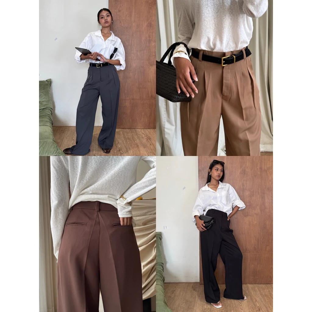 กางเกงทรงกระบอกใหญ่ รุ่น She Pants แต่งดีไซน์ กระเป๋าเจาะด้านหลัง ใช้งานได้จริง แต่งจีบหน้า ทรงสวย ( New collection )