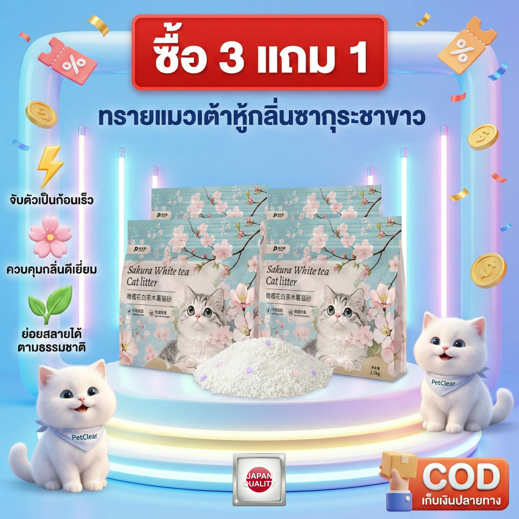 [ยกลัง 4 ถุง 8KG] ทรายแมวมันสำปะหลัง กลิ่นซากุระชาขาว ไร้ฝุ่น ดับกลิ่น แถมฟรี! ผงดับกลิ่นทรายแมว
