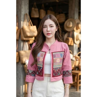 เสื้อคลุมครอปผ้าฝ้ายคอจีนแต่งลายผ้าทอ