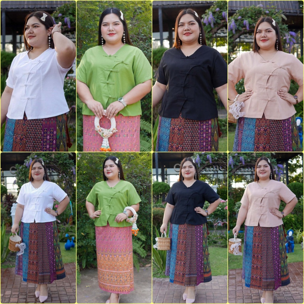 อก 48 52 56 60 64 นิ้ว เสื้อผ้าฝ้ายคอวีกระดุมมัด เสื้อพื้นเมืองคนอ้วน เสื้อพื้นเมืองผู้หญิง