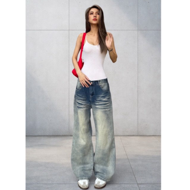 กางเกงยีนส์ทรงกระบอกสียีนส์เฟด CJ-003 Soft faded blue wide-leg jeans