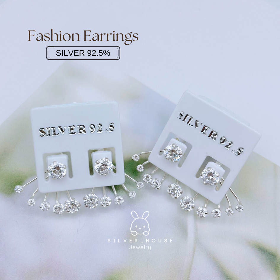 ต่างหูเงินแท้​ 92.5% ต่างหูCZ​ front​&back​ หน้า​ 5mm.​ หลังเพชรเรียง5เม็ด สวยมากๆ