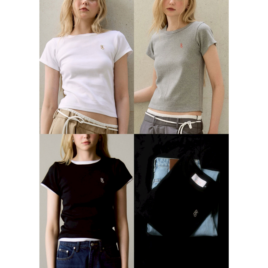 Before Sunset - Bun Basic Slim T-shirt เสื้อยืดคอกลมทรงพอดีตัวดีเทลลายปัก