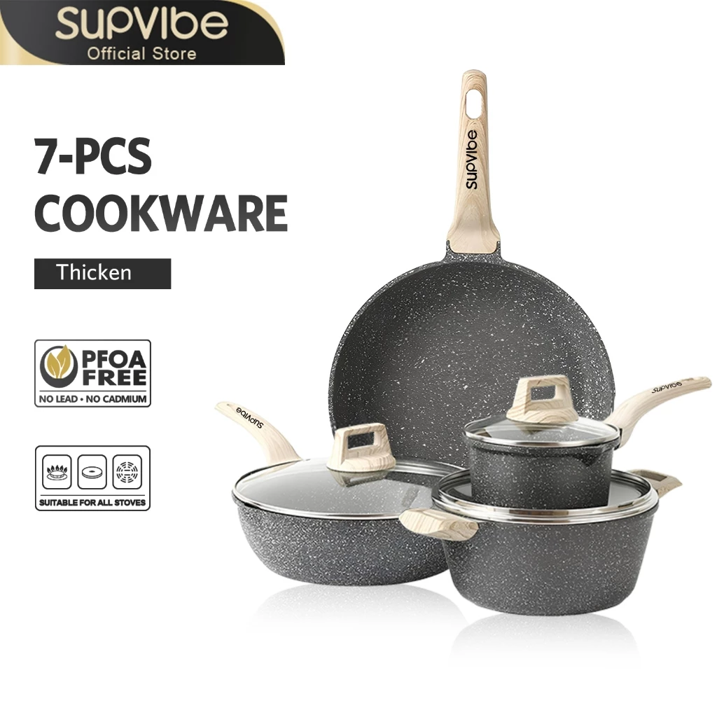 SUPVIBE ชุดกระทะหม้อ7ชิ้น กระทะเคลือบหินไมฟาน หม้อซุป ผัด ทอด ทำความสะอาดได้ง่าย ทำอาหารไม่ติด