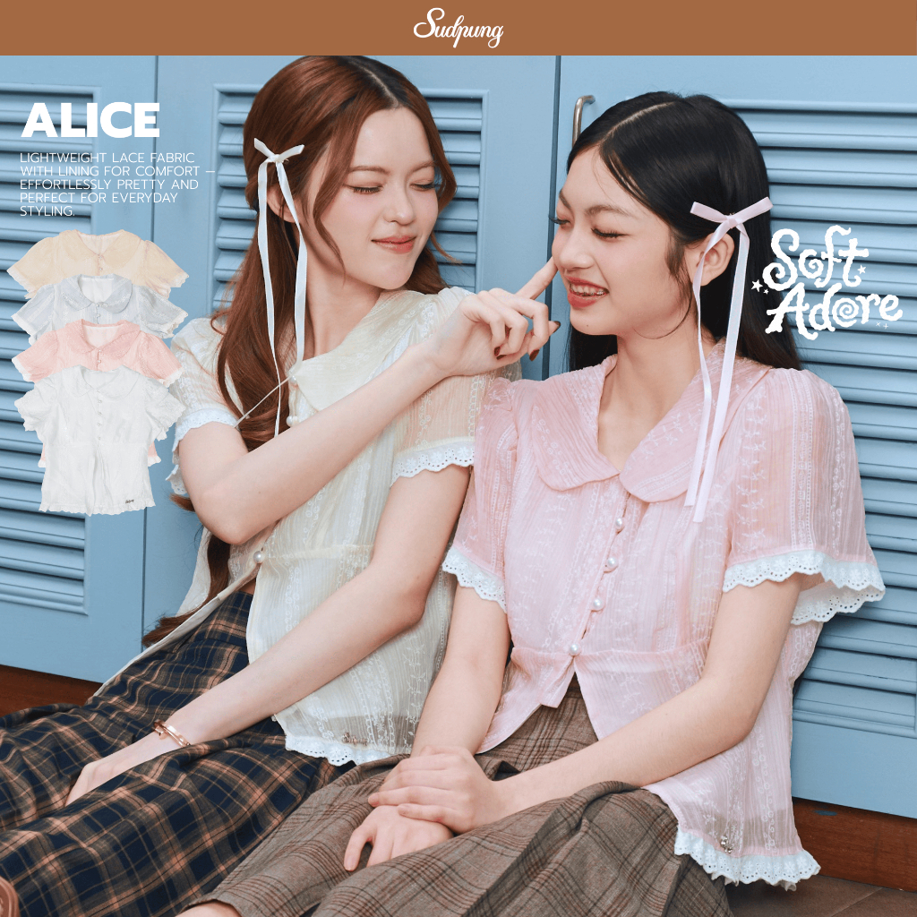ALICE_SP120 เสื้อคอบัวลูกไม้ แหวกหน้ากระดุมมุก ผ้าซีทรูมีซับ สไตล์เกาหลีหวานละมุน