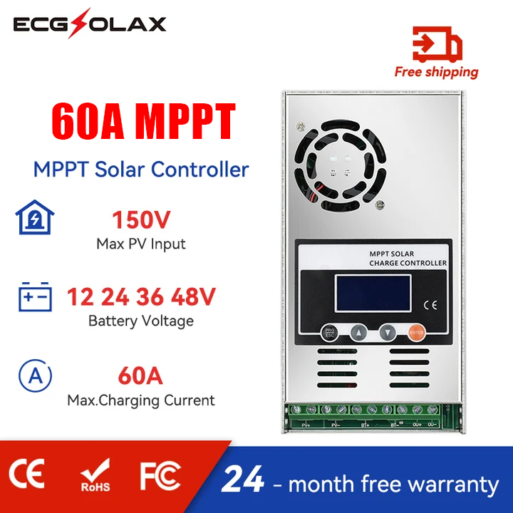 ECGSOLAX MPPT 60A ตัวควบคุมการชาร์จพลังงานแสงอาทิตย์ 12V 24V 36V 48V แบตเตอรี่ชาร์จ 60A ตัวควบคุมพลังงานแสงอาทิตย์ LCD