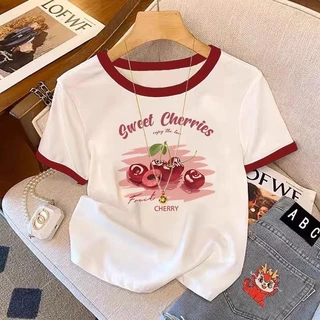 เสื้อยืดคอกลม Cherry สีขาวลายเชอร์รี่ สไตล์วินเทจ สวมใส่สบายๆ สำหรับผู้หญิง | White Cherry Print T-shirt Retro Style Com