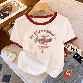 เสื้อยืดคอกลม Cherry สีขาวลายเชอร์รี่ สไตล์วินเทจ สวมใส่สบายๆ สำหรับผู้หญิง | White Cherry Print T-shirt Retro Style Com