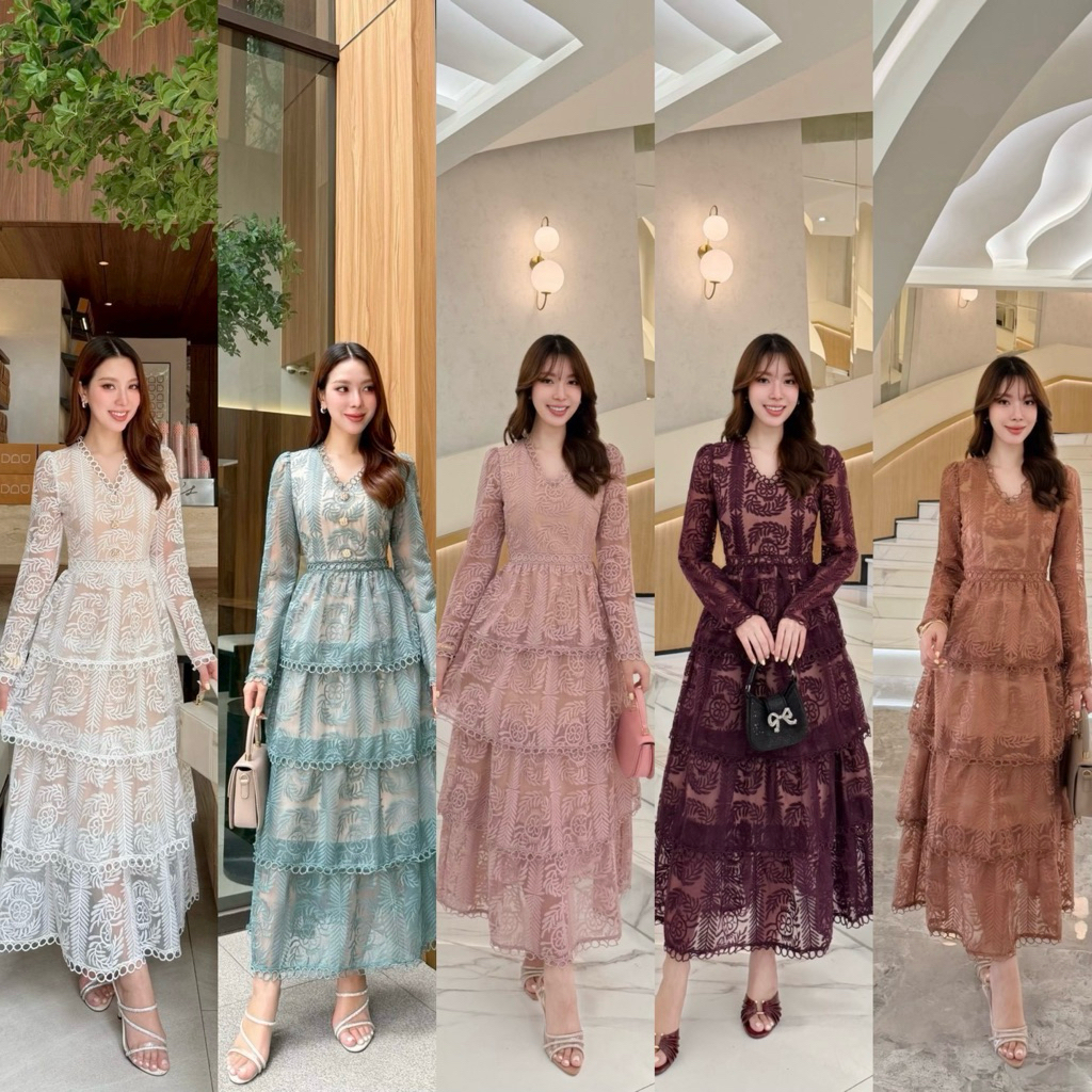 C4 งานป้าย Abigail Dress เดรสยาวผ้าลูกไม้แต่งฉลุลาย สำหรับผู้หญิง สาวอวบ เสื้อผ้าแฟชั่นผู้หญิง ไซส์ S-3XL