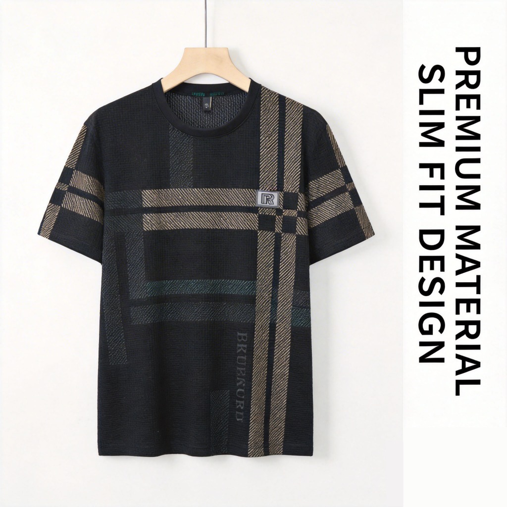 เสื้อยืดผู้ชาย คอกลม แขนสั้น tshirt men ผ้าเย็นสบาย แคสซวอล ลายตาราง ซับเหงื่อ ราคา ถูกที่สุด ดีลบีเคเค แกลเลอรีภาพที่ 4