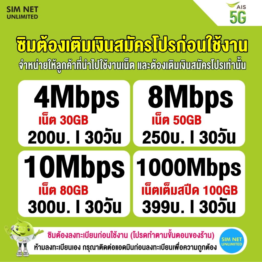 ชิมเทพ AIS เน็ตไม่จำกัด ความเร็ว 6Mbps, 15Mbps, 20Mbps (ซิมต้องเติมเงินสมัครโปรก่อนใช้งานเน็ต)