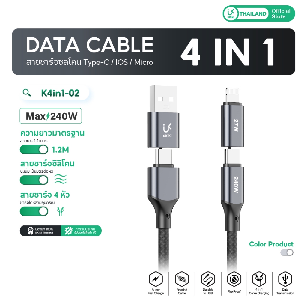 [For iP 17] UKIKI Cable สายชาร์จ 4in1 ชาร์จเร็ว 4หัว สายถัก ชาร์จได้หลายอุปกรณ์ รุ่น K4in1-02