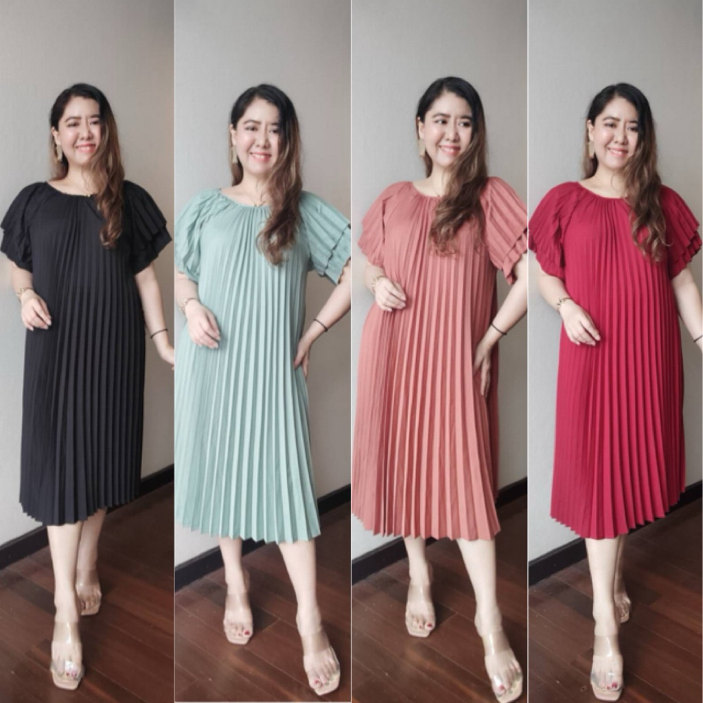 เดรสแขนสโลปพลีดใหญ่เนื้อเย็นใส่สบาย ชายพริ้วๆ สะโพกฟรีไซล์ ๆ พลีดหน้าไม่ต้องใส่ซับในคะ ทรงน่ารักมากผ้าพลีดเย็นๆพริ้วๆ