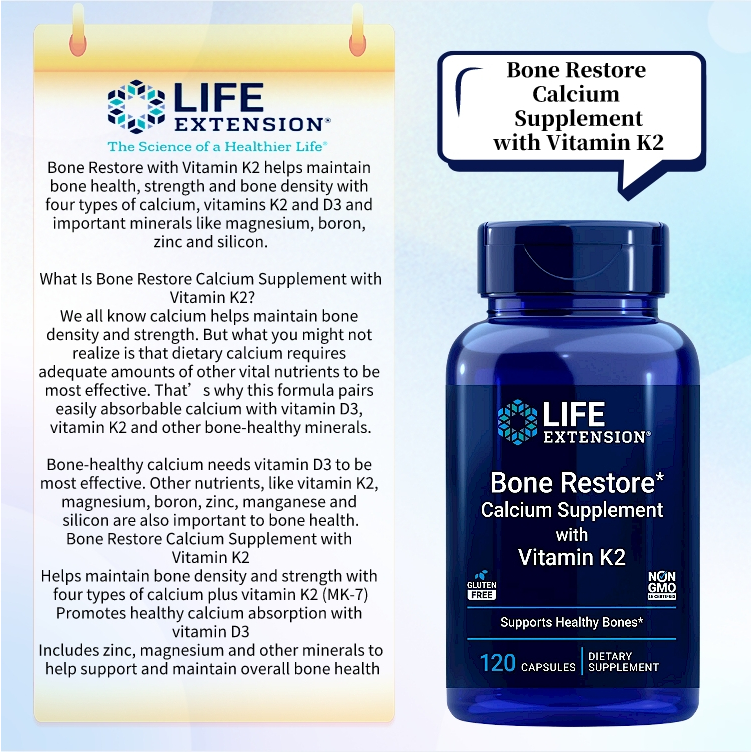 Life Extension 120 Capsules Bone Restore Calcium & Vitamin K2 Supplement