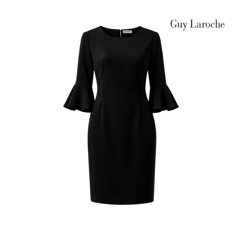 Guy Laroche short Work dress Super B เดรสทำงาน สั้น ทรงตรง แขนแต่งระบาย สีดำ G9XGBL
