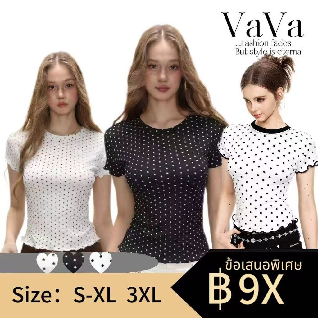 VaVa【ในสต็อก】เสื้อยืดแขนสั้นลายดาวสไตล์เรโทรอเมริกันสำหรับผู้หญิง เสื้อครอปสำหรับฤดูร้อน