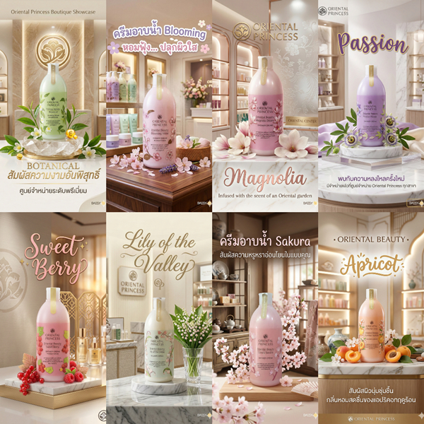 ครีมอาบน้ำ Oriental Princess ขนาด 400 ml. มีให้เลือกทั้งหมด 8 กลิ่น ราคาขวดละ 110 บาท มีถุงแถมทุกขวด