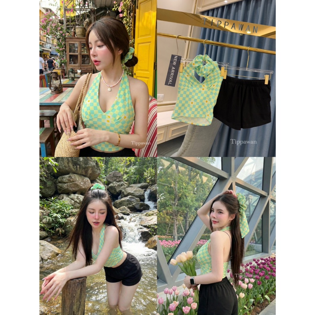 【TIPPAWAN】 TPW 3061 เซ็ทเสื้อคล้องคอแถมยางมัดผม มาพร้อมกางเกงทรงเอวต่ำแบบจึ้งๆ ผ้าทอลายน่ารักๆแบบชุด