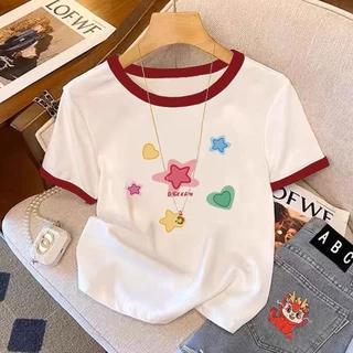 ✨ส่งไวจากไทย✨เสื้อยืดแขนสั้นตัดต่อ แบบครอป เสื้อครอป เสื้อยืดผู้หญิง แขนสั้น เสื้อยืด แฟชั่นเกาหลี ใส่สบาย เสื้อยืดคอกลม