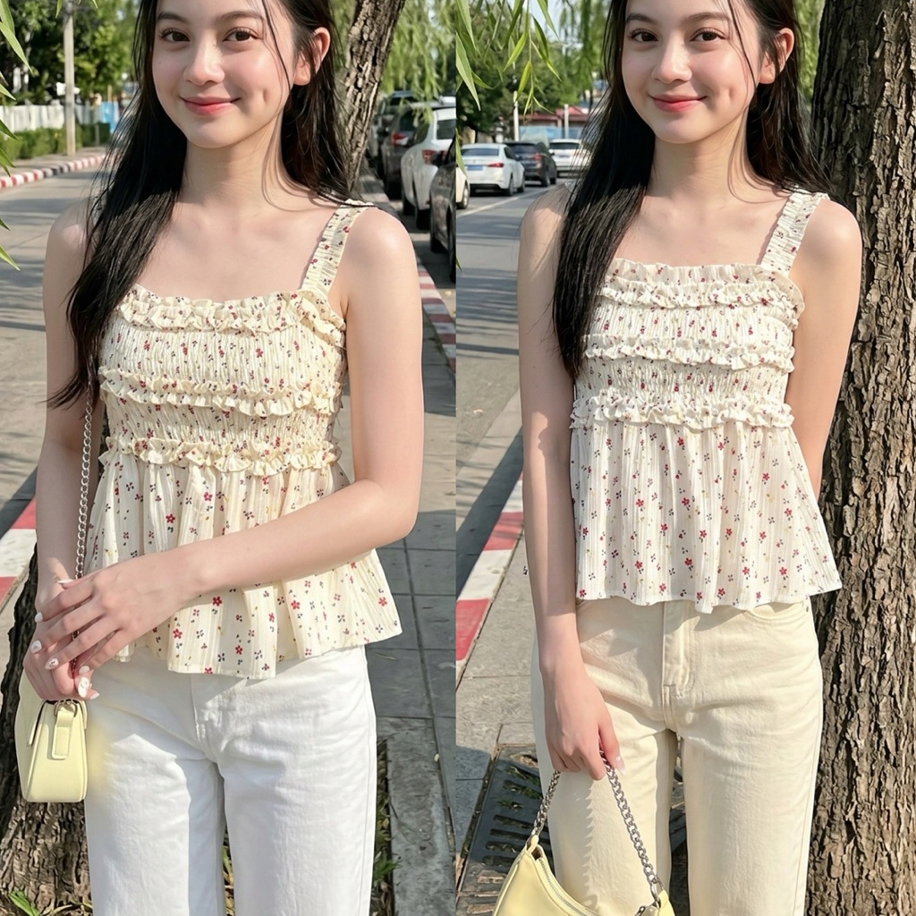 🌟Mamildya.shop🌟 เสื้อสายเดี่ยวยืดยุ่นได้ ผ้าคอตตอนฉลุลายดอกละมุนๆ/Q2-3  /PROD-สายย่น
