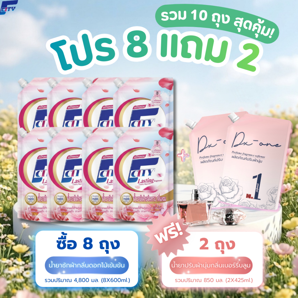 ดีลแรง 10 ถุง!! ซื้อน้ำยาซักผ้า 8 ถุง (8X600ml.) แถมปรับผ้านุ่มน้ำหอม 2 ถุง (2X425ml.) หอมพรีเมียมในราคาสุดคุ้ม