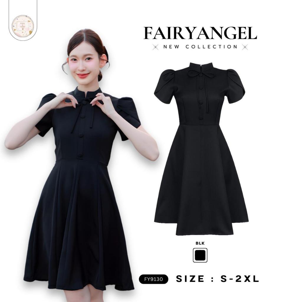 Fairyangelstore - เดรสทรงบานแขนกลีบบัวแต่งกระดุม (FY9130)