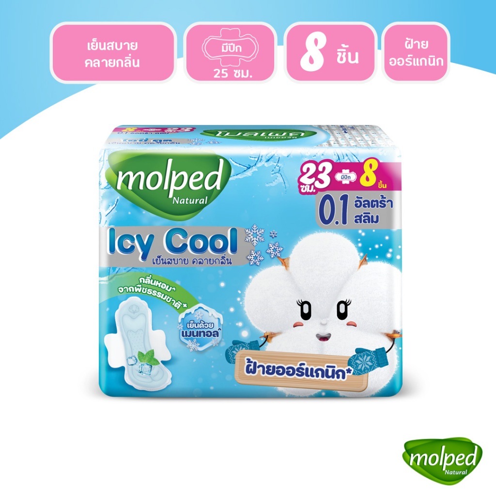 Molped โมลเพด ไอซี่คูล สลิม 0.1 ผ้าอนามัยสูตรเย็น สำหรับกลางวัน แบบมีปีก 23 ซม. จำนวน 8 ชิ้น