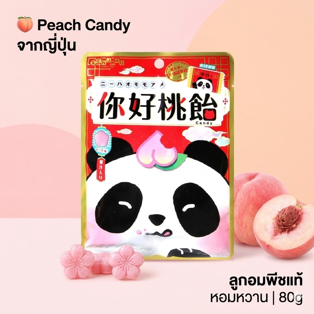 Senjaku Ni Hao Peach Candy ลูกอมพีชญี่ปุ่น 80g ลูกอมญี่ปุ่นนำเข้า ลูกอมพีชแท้ Japanese Peach Candy ขนมญี่ปุ่น แพนด้า