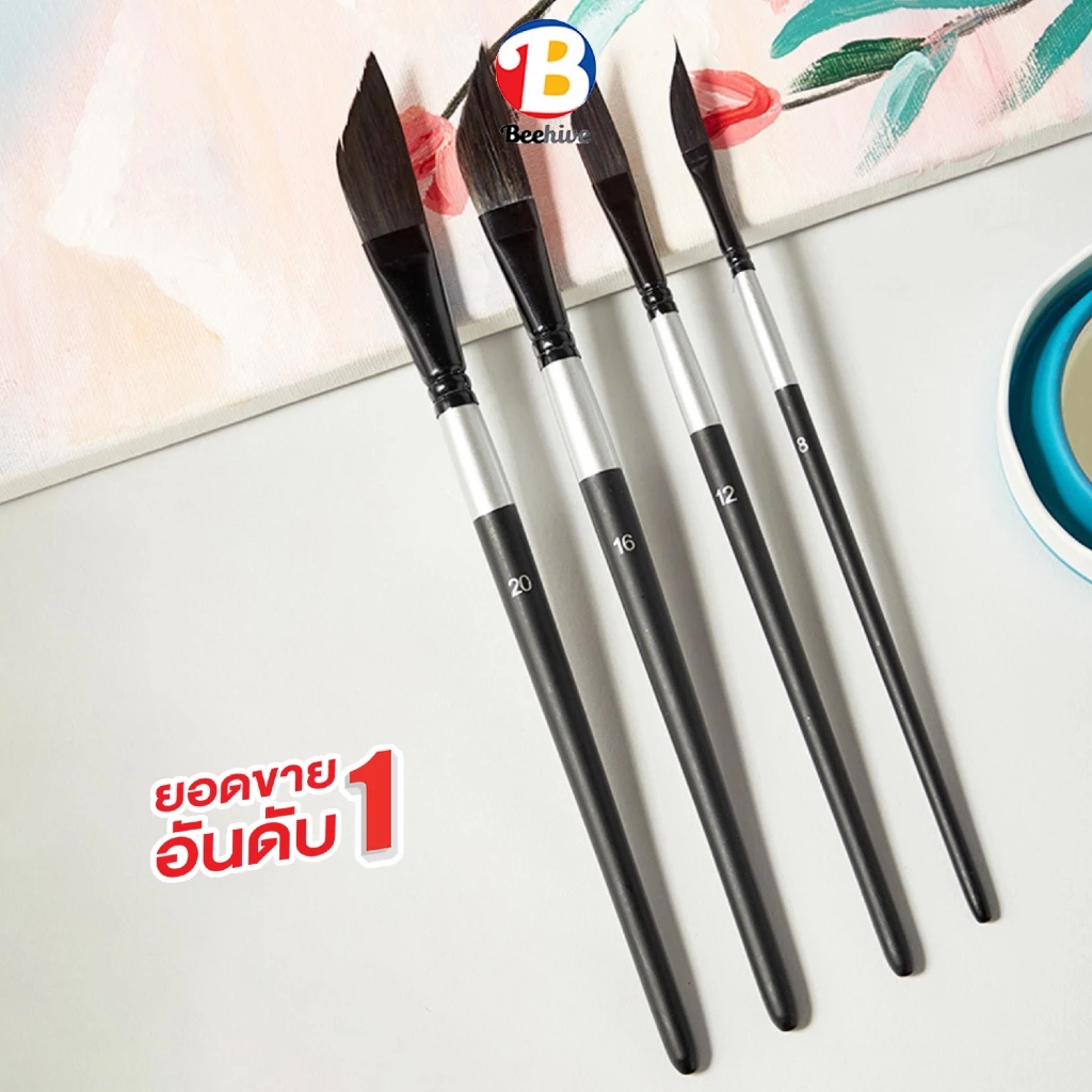 พู่กันหัวเอียง (Angular) ปลายเฉียง นุ่มพิเศษ ด้ามไม้สีดำ ระบายสีน้ำ สีน้ำมัน สีอะคริลิค ตัดเส้น เก็บรายละเอียด