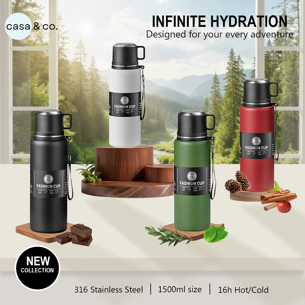 1500ml ขวดน้ำเก็บอุณหภูมิ แก้วเก็บความเย็น ความร้อน ใส่เครื่องดื่ม น้ำ พร้อมหูจีบ | casa & co.
