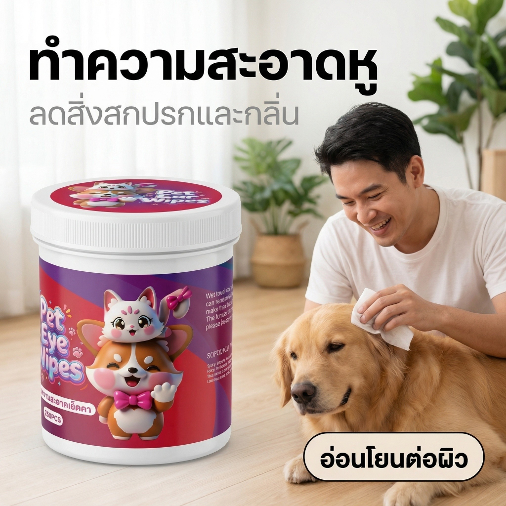 Thai.th ผ้าเช็ดทำความสะอาดสัตว์เลี้ยง ตา หู แบบอ่อนโยน สำหรับแมวและสุนัข  200 ชิ้น LZ999