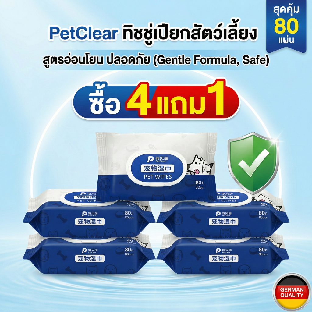 [petclear] ทิชชู่เปียกสัตว์เลี้ยง Ag+ ยับยั้งแบคทีเรีย ดับกลิ่น ปลอดภัย เลียได้ (80 แผ่น/ห่อ)