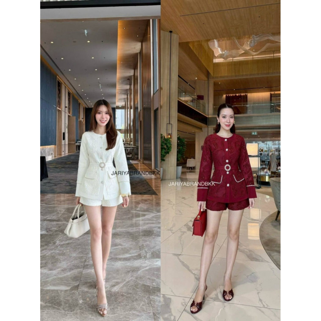 D3 งานป้าย Jariya Set ชุดเซ็ท 3 ชิ้น เสื้อ กางเกงขาสั้น เข็มขัด สำหรับผู้หญิง เสื้อผ้าแฟชั่นผู้หญิง 