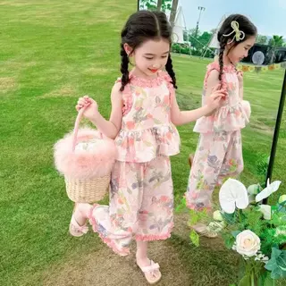 MY02 ชุดสูทดอกไใหม่ ชุดเดรสแขนกุดกับกางเกงสุดเท่สำหรับเด็ก, เสื้อผ้าเวอร์ชั่นเกาหลี หมาะสำหรับเด็ก อายุ 1-8 ปี
