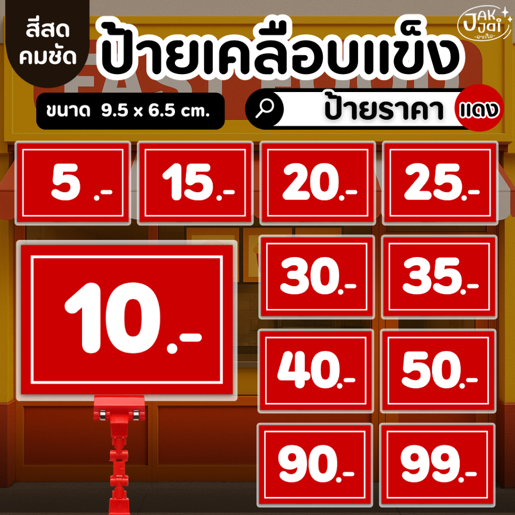 ✅พร้อมส่ง! ป้ายราคาเคลือบแข็ง (สีแดง) /วัสดุเคลือบแข็ง กันน้ำ ตกแต่งร้าน ขนาด 9.5 x 6.5 cm. (ราคาต่อ 1แผ่น) - jakjai