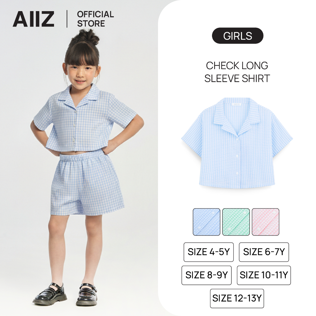 AIIZ เสื้อเชิ้ตเด็กผู้หญิงแขนสั้นลายตาราง