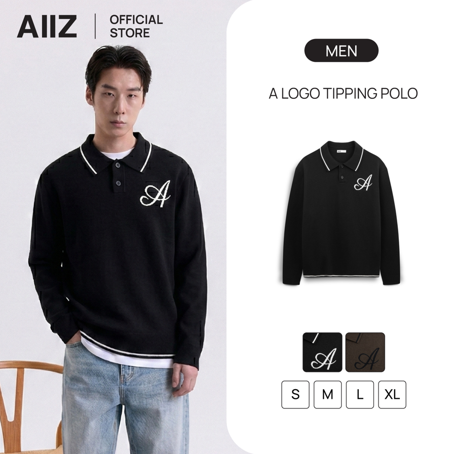 AIIZ เสื้อโปโลผู้ชายแขนยาวผ้าถัก AIIZ Men's A Logo Tipping Polo