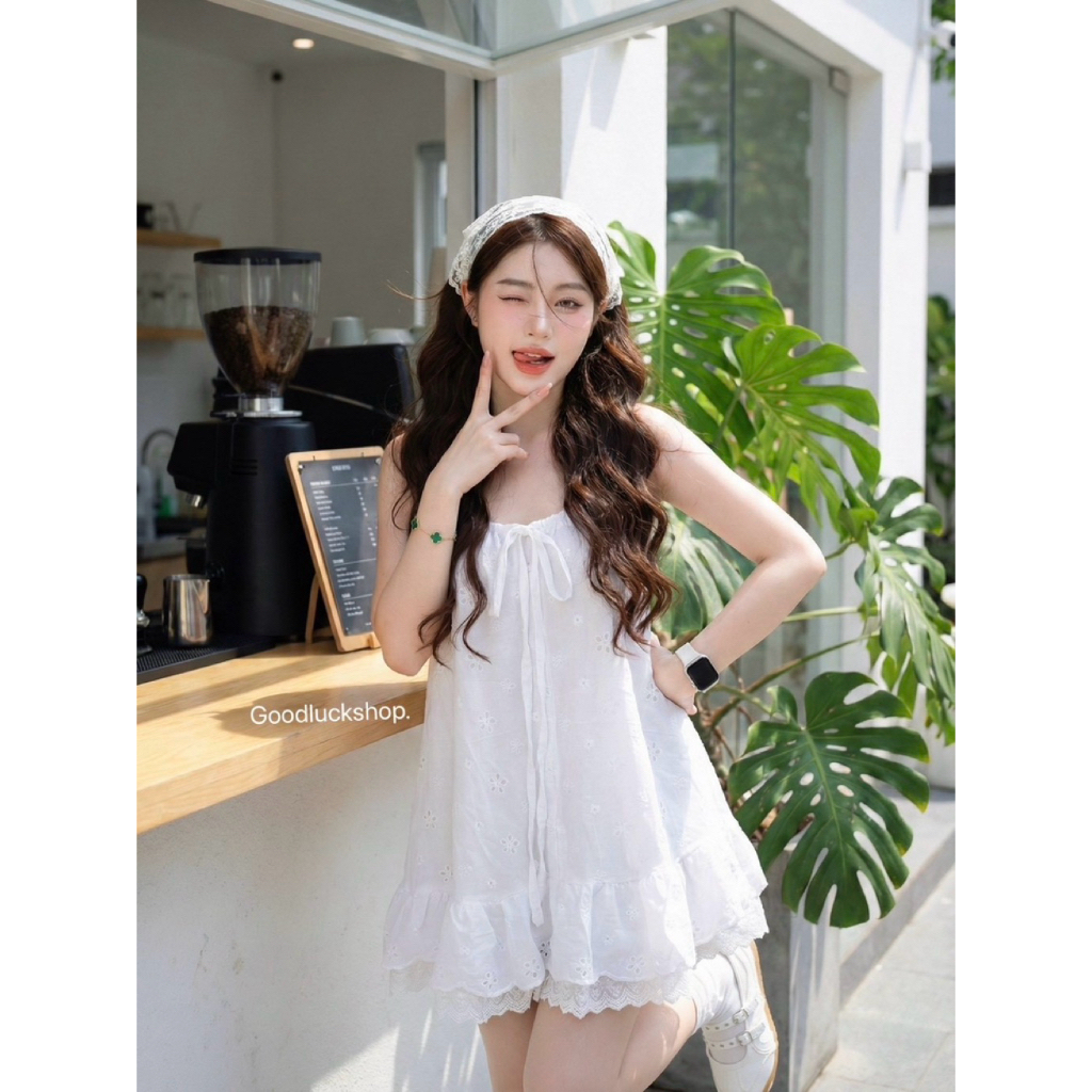 มินิเดรส ผ้าลูกไม้คอตตอนตอบโจทย์มากกก ดีเทลน่ารักๆ สายเดี่ยวมีความถักเปีย ทรงนี้ใส่ออกมาได้CUTEมากซิส