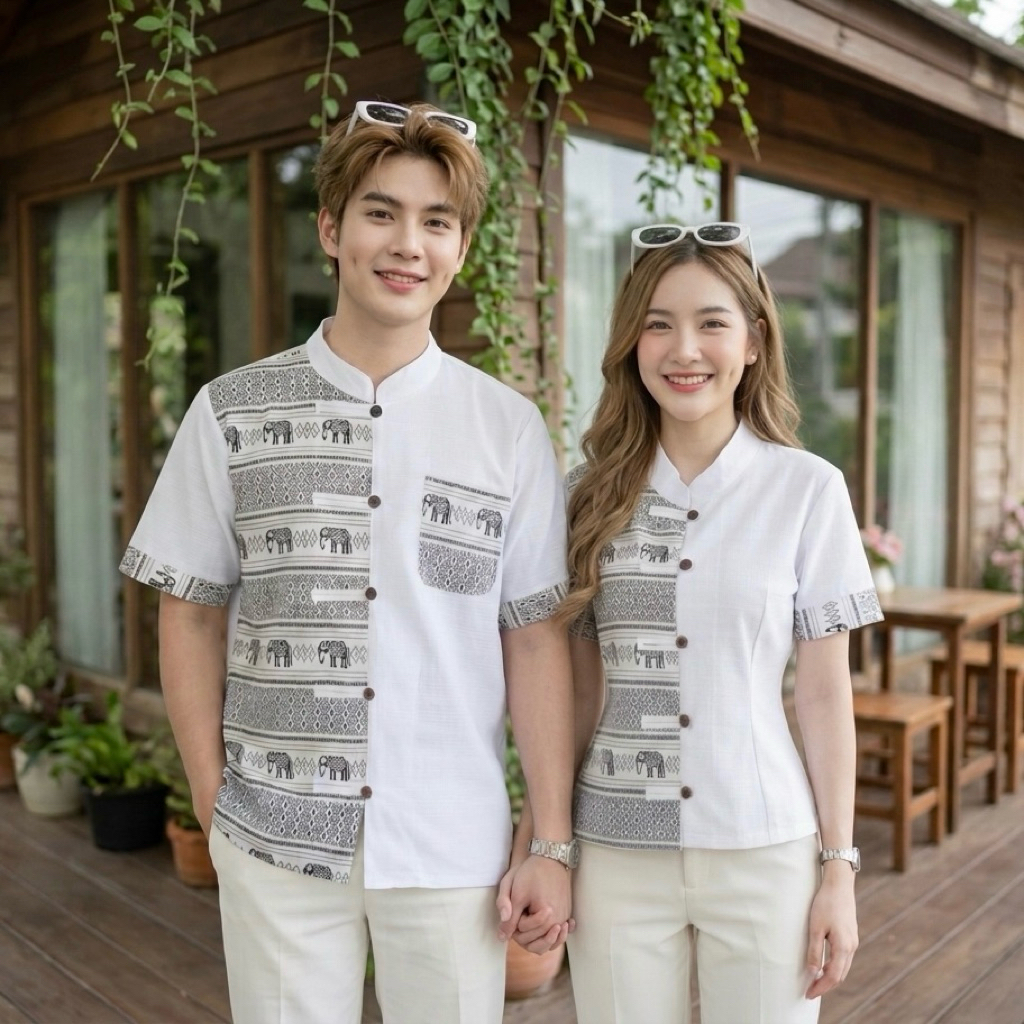 เสื้อพื้นเมืองคอจีน คู่ ชาย/หญิง ทูโทนลายช้าง มีทั้งเด็กและผู้ใหญ่