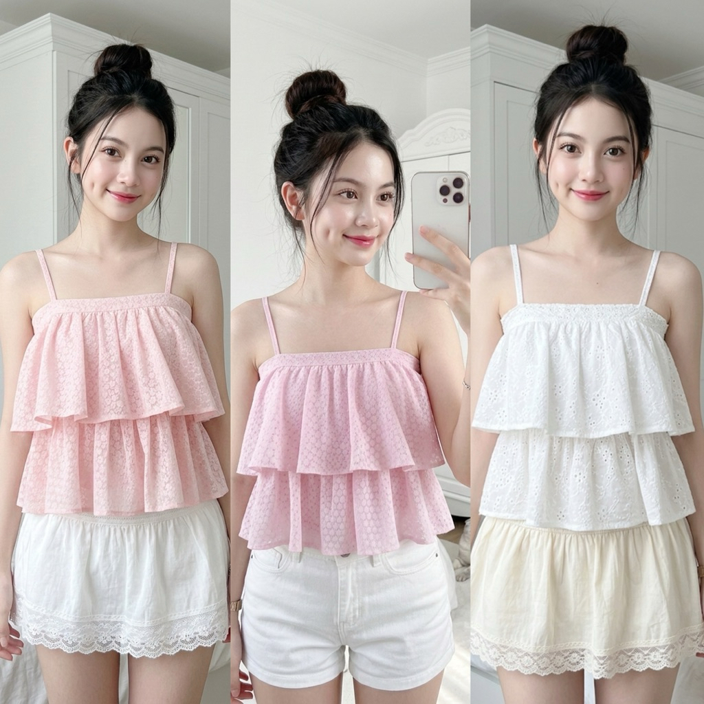 🌷สานปรับได้🌟เสื้อสายเดี่ยวแต่งระบายชั้นๆ เป็นเกาะอกก็ได้ / Z29 // PKN-ฉลุดอก