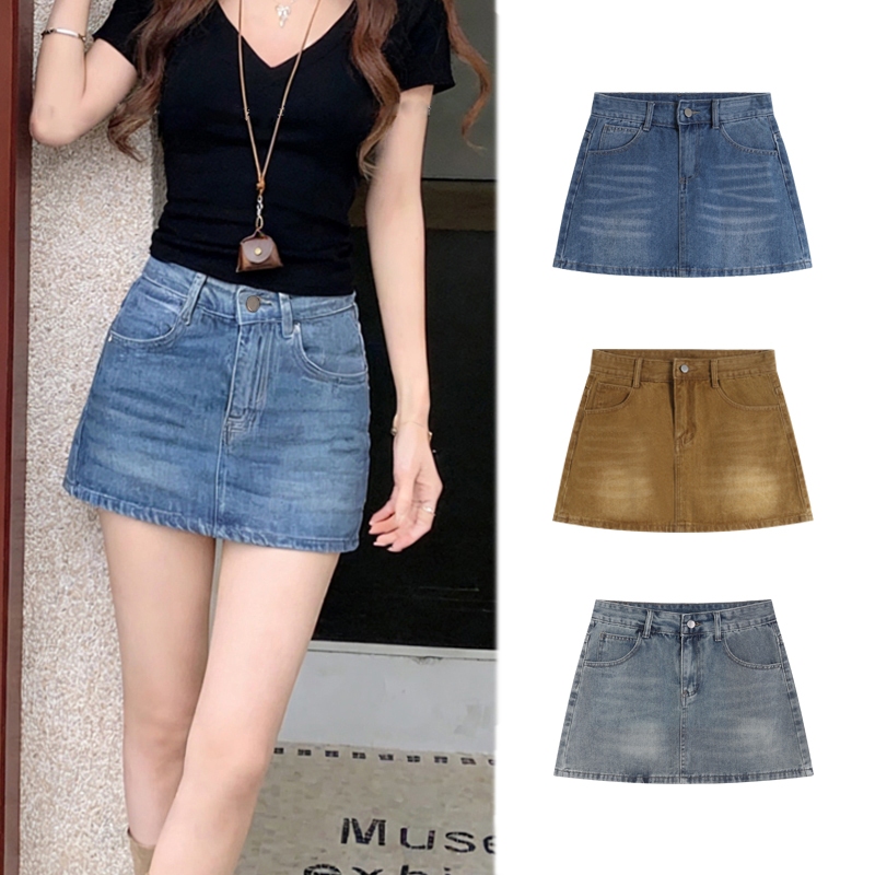 Yoka（ S-2XL ） ใหม่ กระโปรงยีนส์ ยีนส์แฟชั่น กระโปรงเดนิมเอวสูง สั้น รุ่นเรียบ เบสิค Clothing Women ผู้หญิง Lady