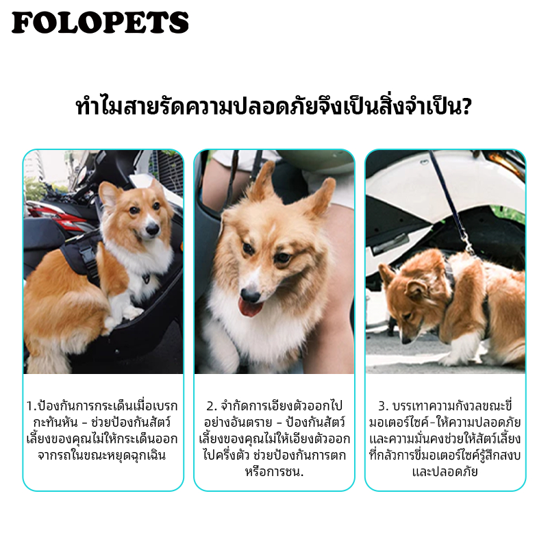FOLOPETS เชือกนิรภัยสำหรับสัตว์เลี้ยง สายจูงสุนัขรถ เชือกสัตว์เลี้ยงสำหรับขี่มอเตอร์ไซค์ รูปที่ 8