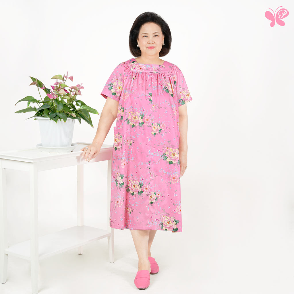 ชุดเดรสผู้สูงอายุ/คุณแม่ให้นม Margareta Dress - Peony ลายดอกโบตั๋น มีซิปยาวด้านหน้า (Signora Series/Silver Age Fashion)